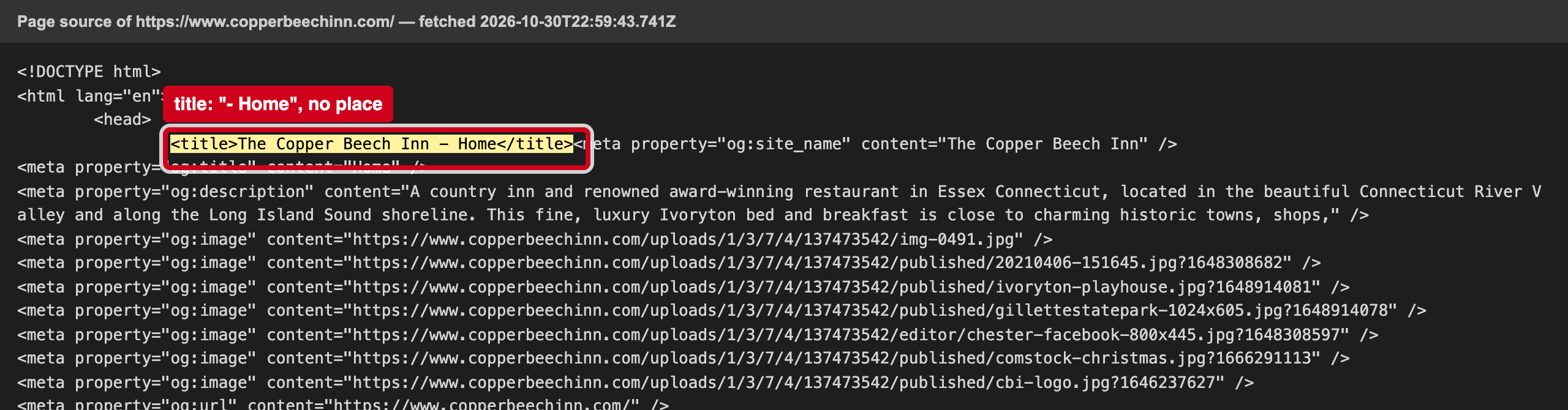 Screenshot: The page title ends in "Home" and names no town
